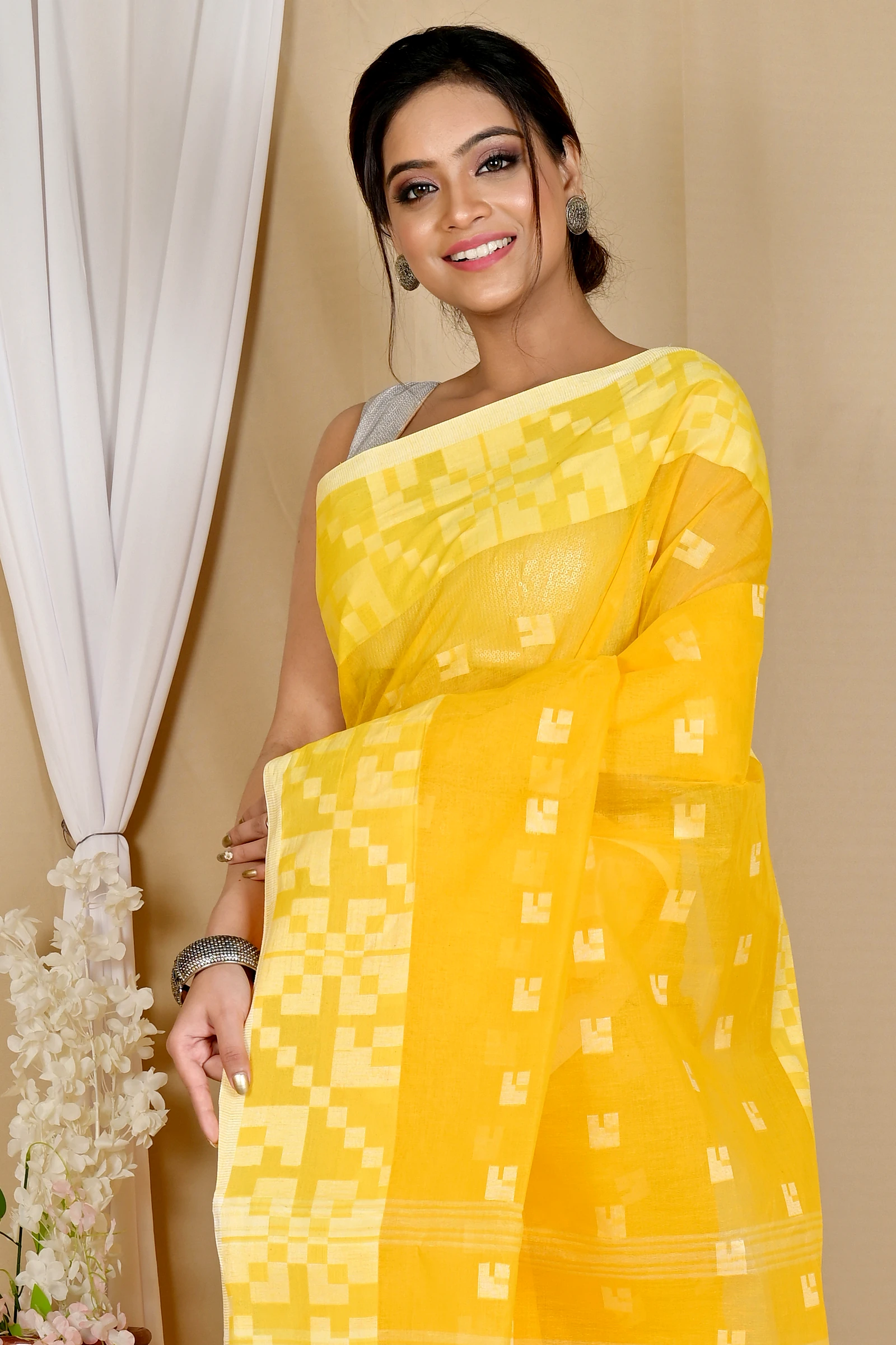Yellow Pure Cotton Aptuk Tant Saree (1625)