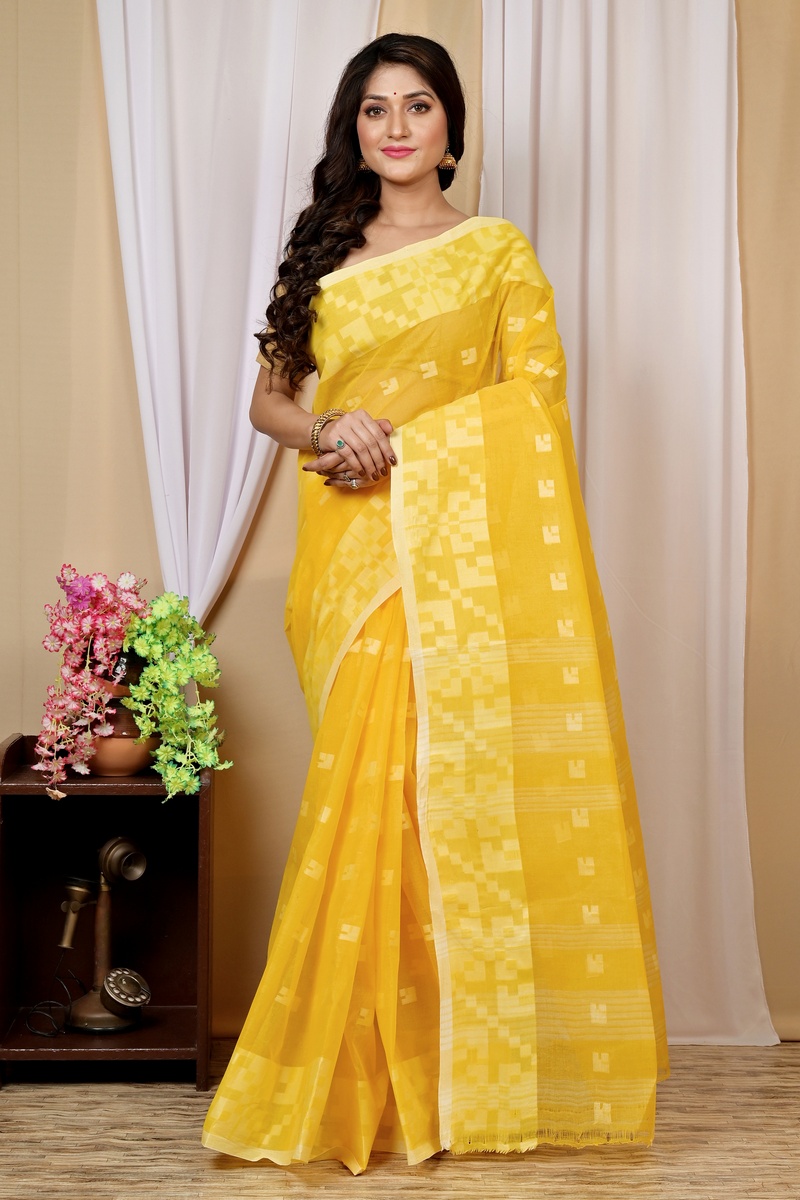 Yellow Pure Cotton Aptuk Tant Saree (1625)