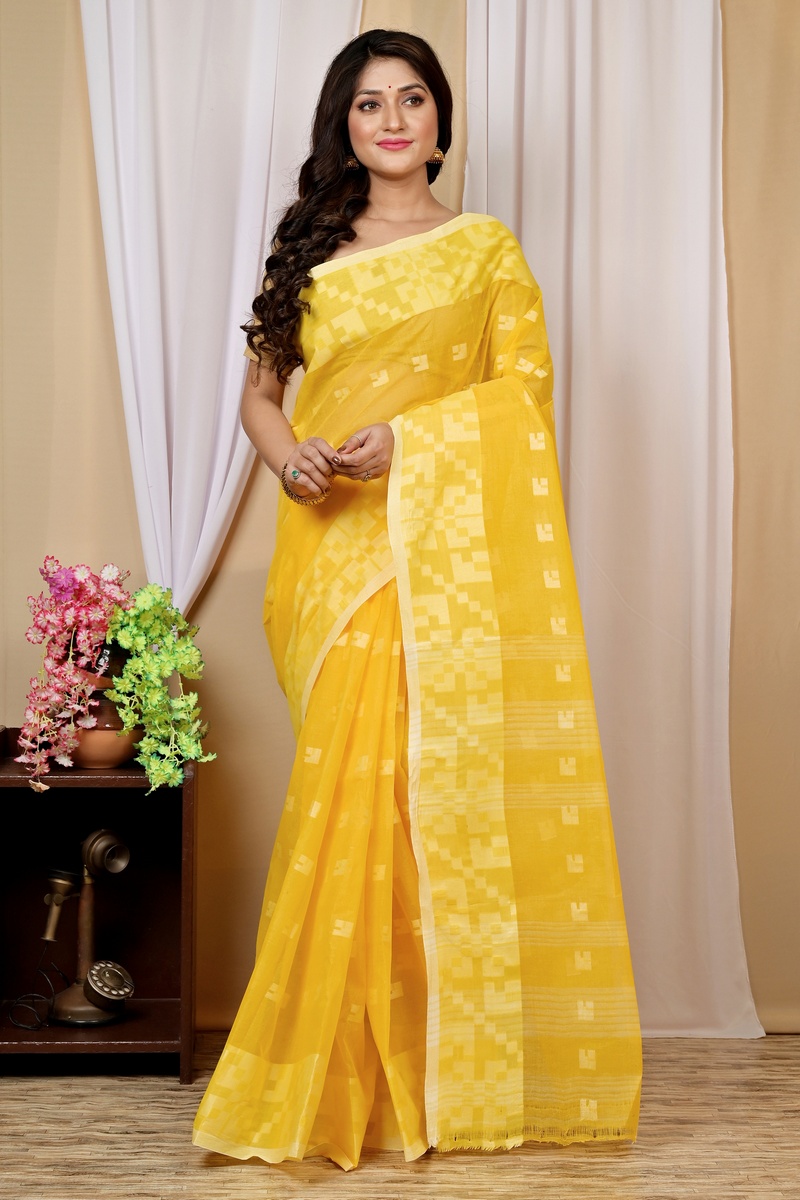 Yellow Pure Cotton Aptuk Tant Saree (1625)