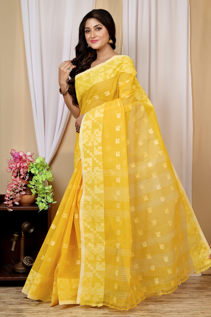 Yellow Pure Cotton Aptuk Tant Saree (1625)
