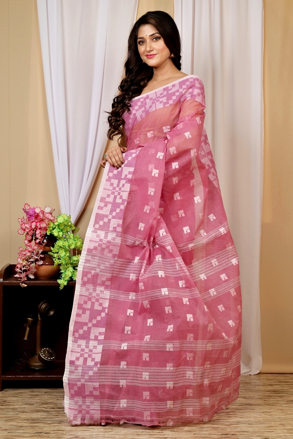 Peach Pure Cotton Aptuk Tant Saree (1626)