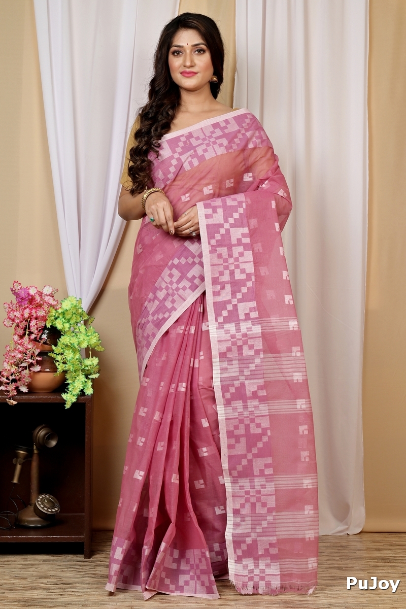 Peach Pure Cotton Aptuk Tant Saree (1626)