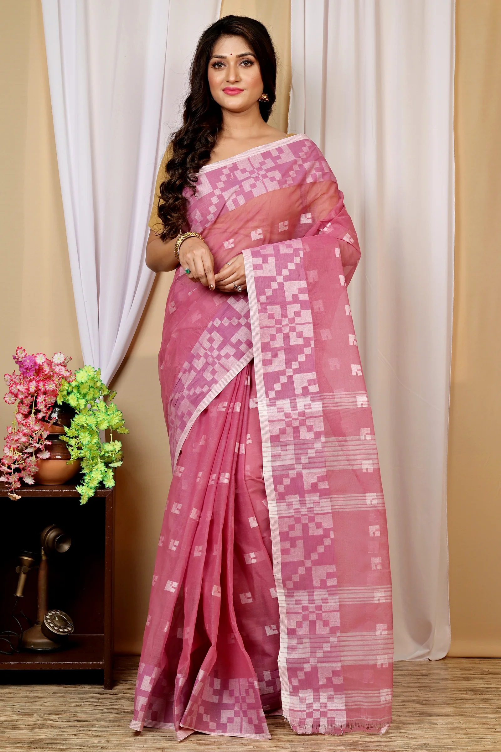 Peach Pure Cotton Aptuk Tant Saree (1626)