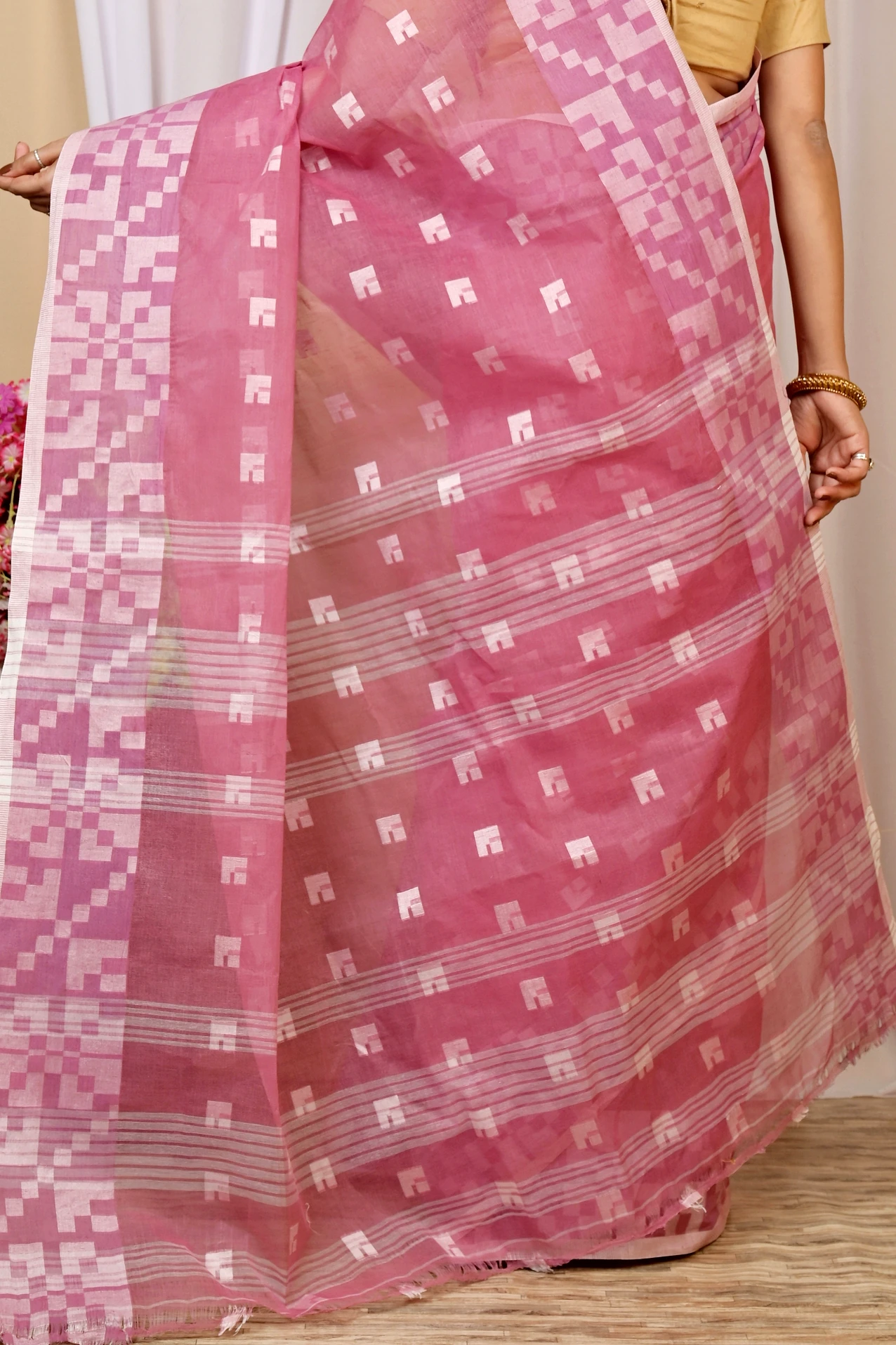 Peach Pure Cotton Aptuk Tant Saree (1626)