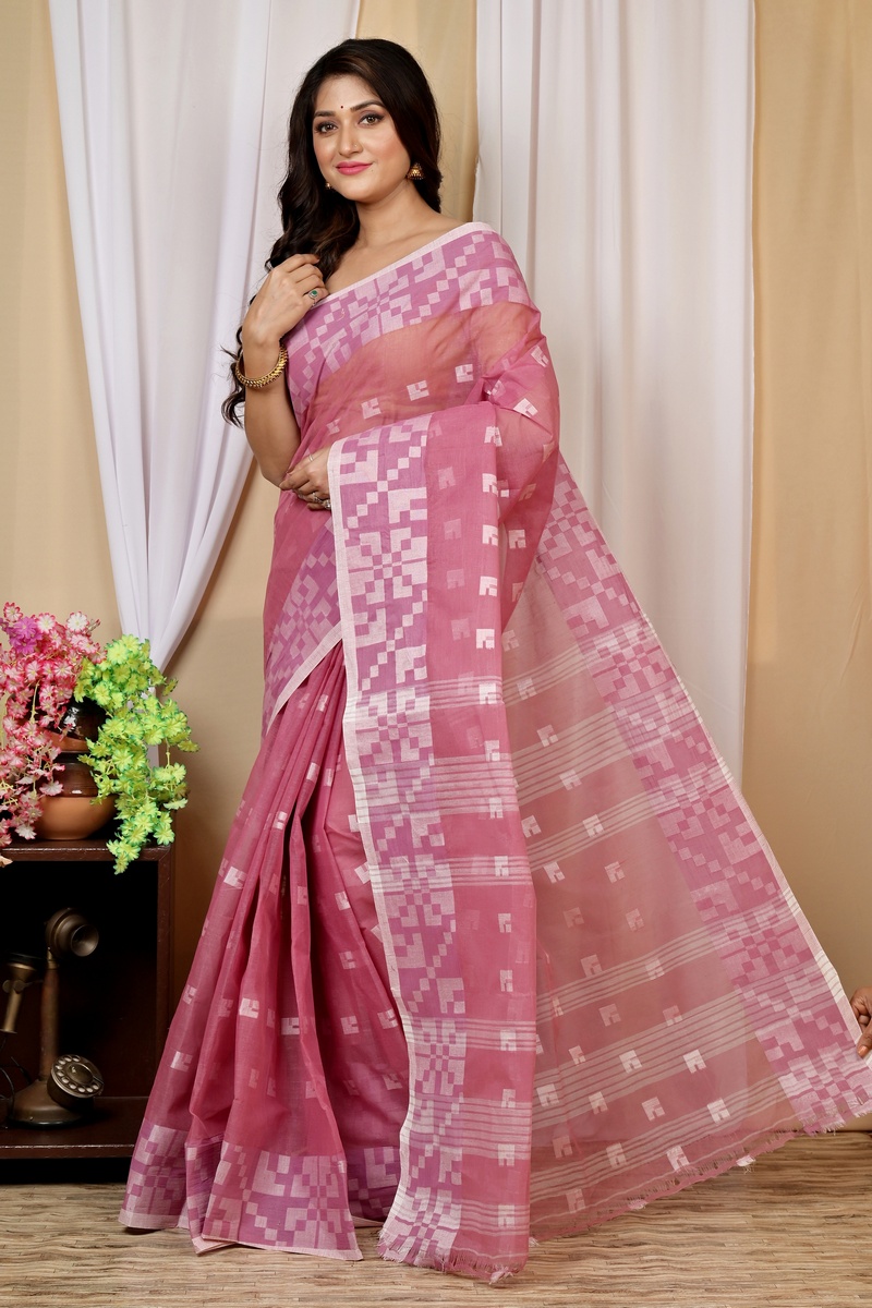 Peach Pure Cotton Aptuk Tant Saree (1626)