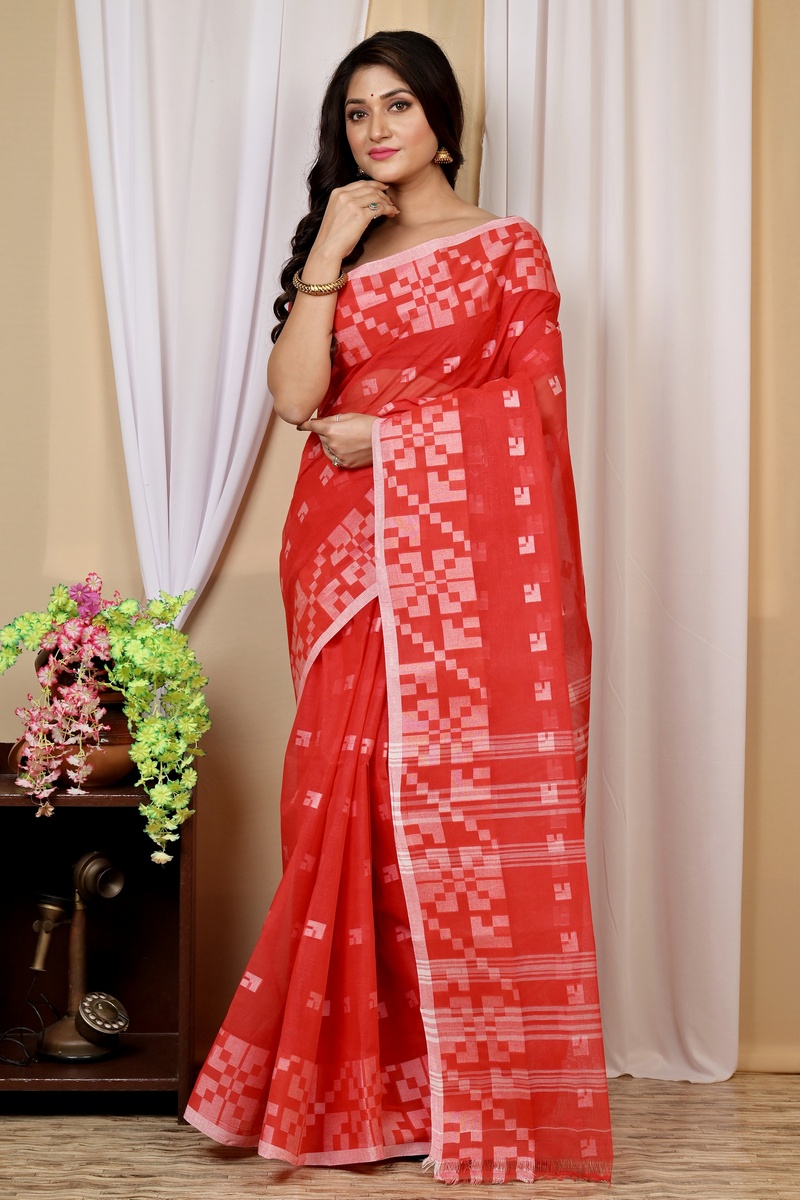 Red Pure Cotton Aptuk Tant Saree (1627)