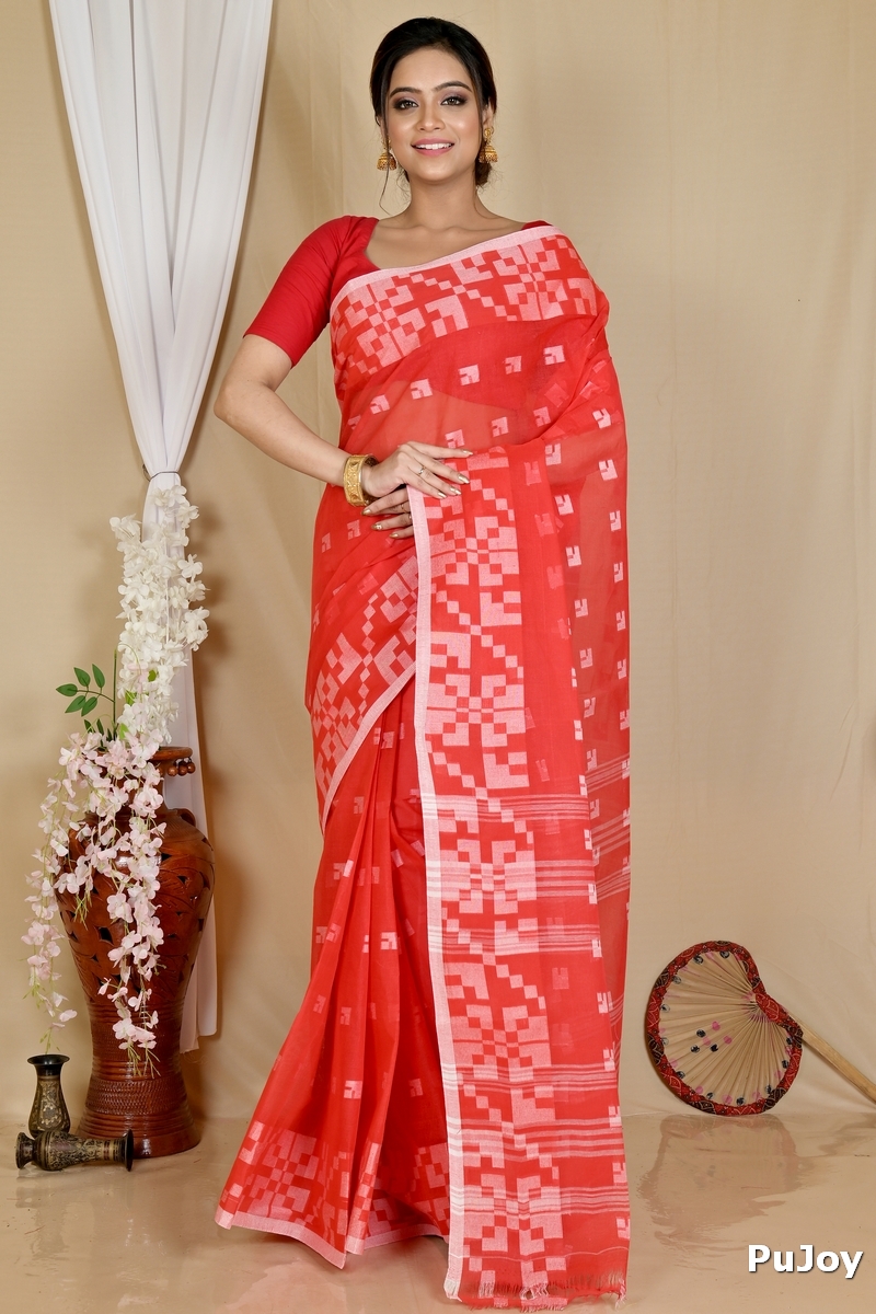 Red Pure Cotton Aptuk Tant Saree (1627)