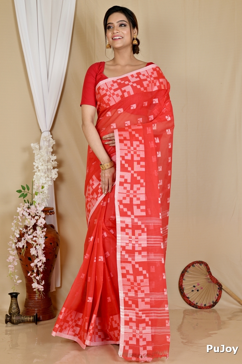 Red Pure Cotton Aptuk Tant Saree (1627)