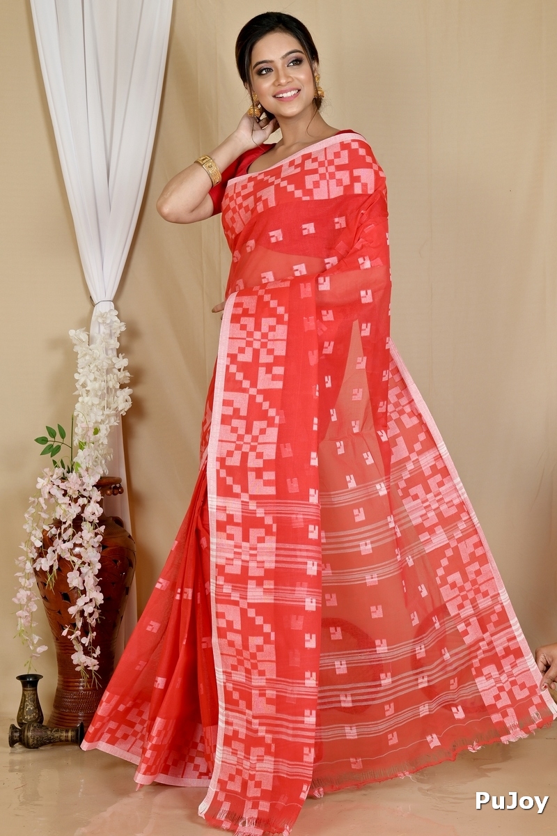 Red Pure Cotton Aptuk Tant Saree (1627)
