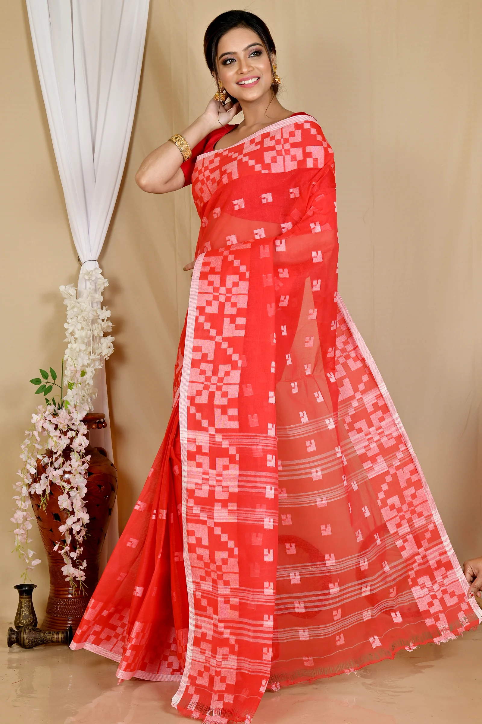 Red Pure Cotton Aptuk Tant Saree (1627)