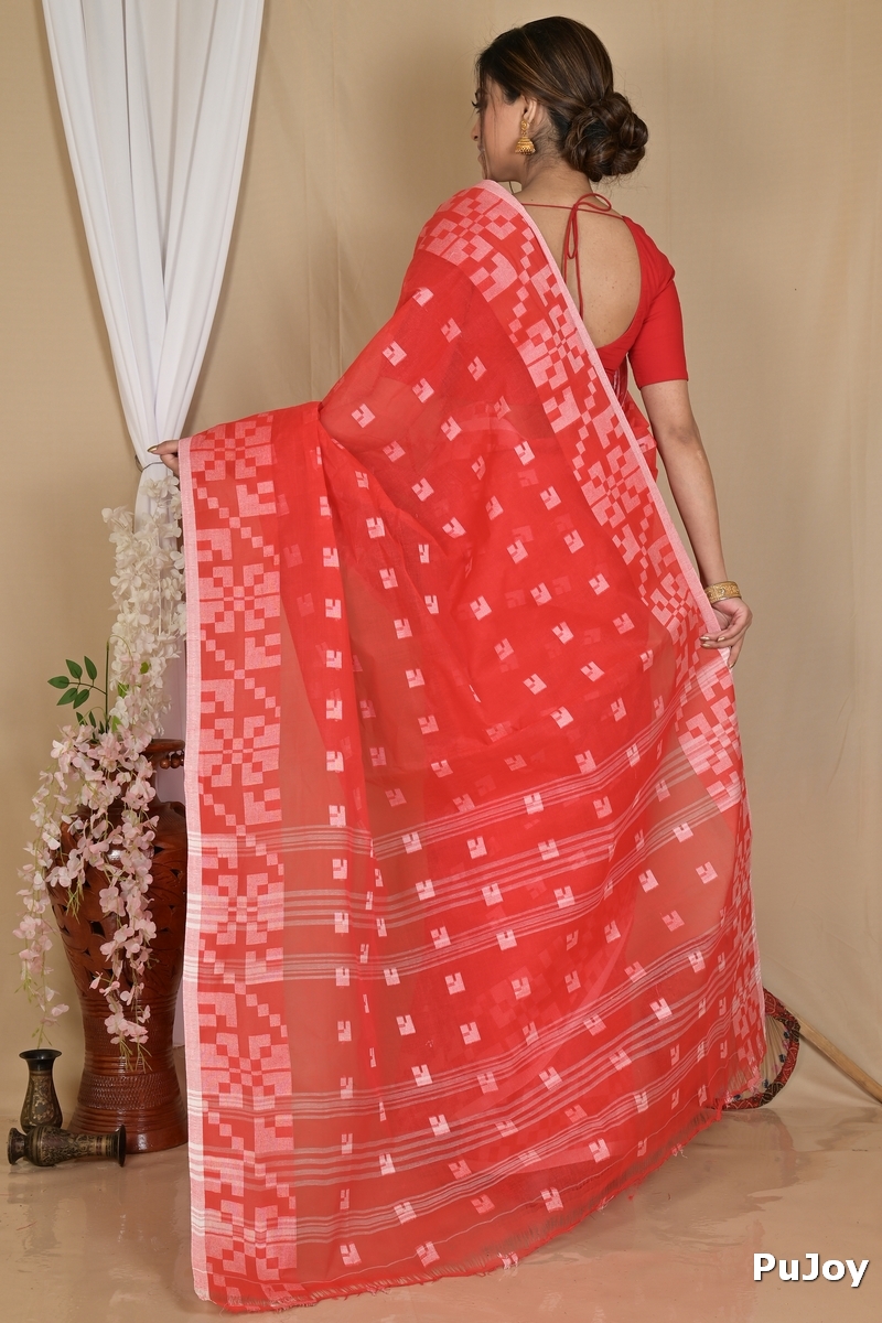 Red Pure Cotton Aptuk Tant Saree (1627)