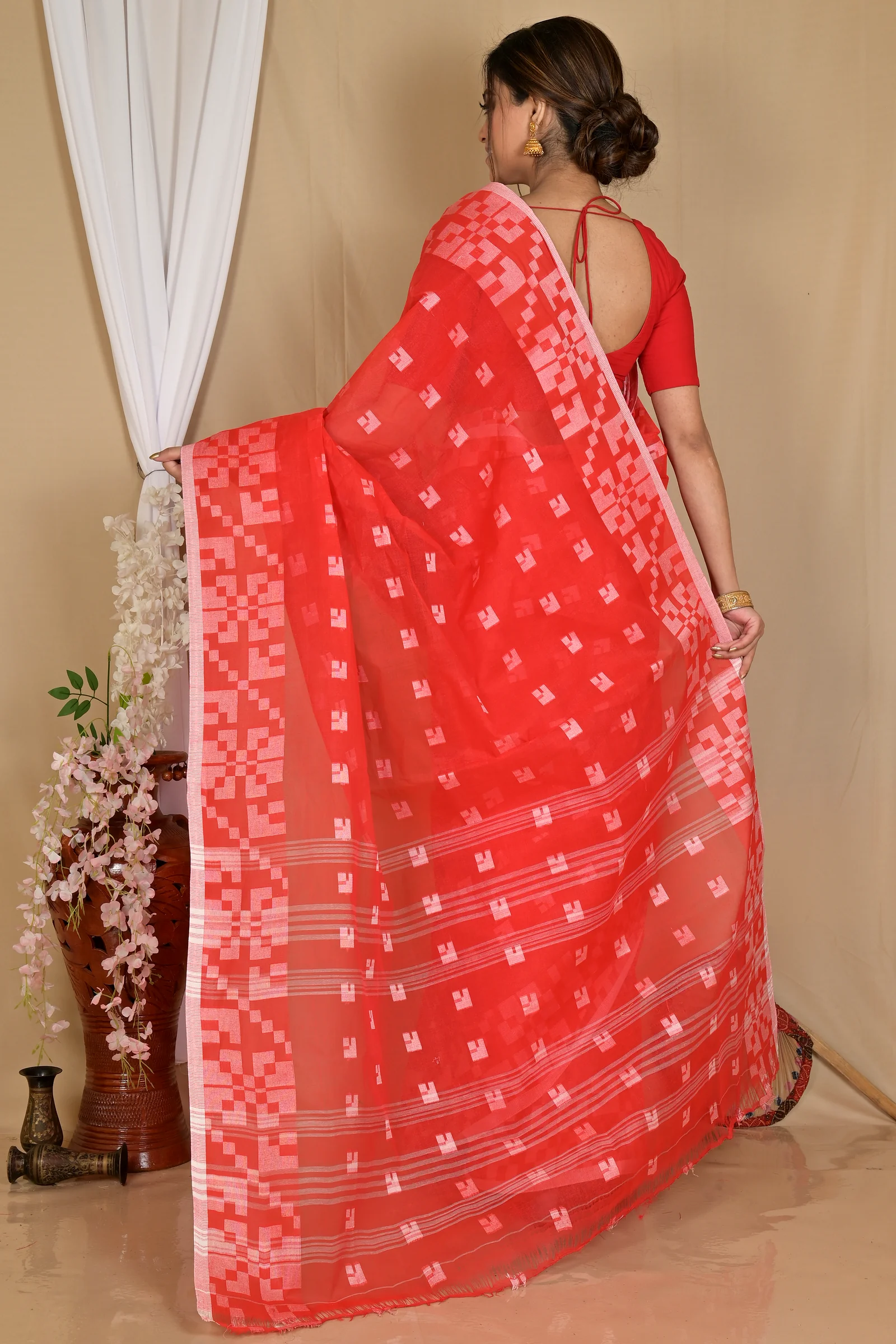 Red Pure Cotton Aptuk Tant Saree (1627)