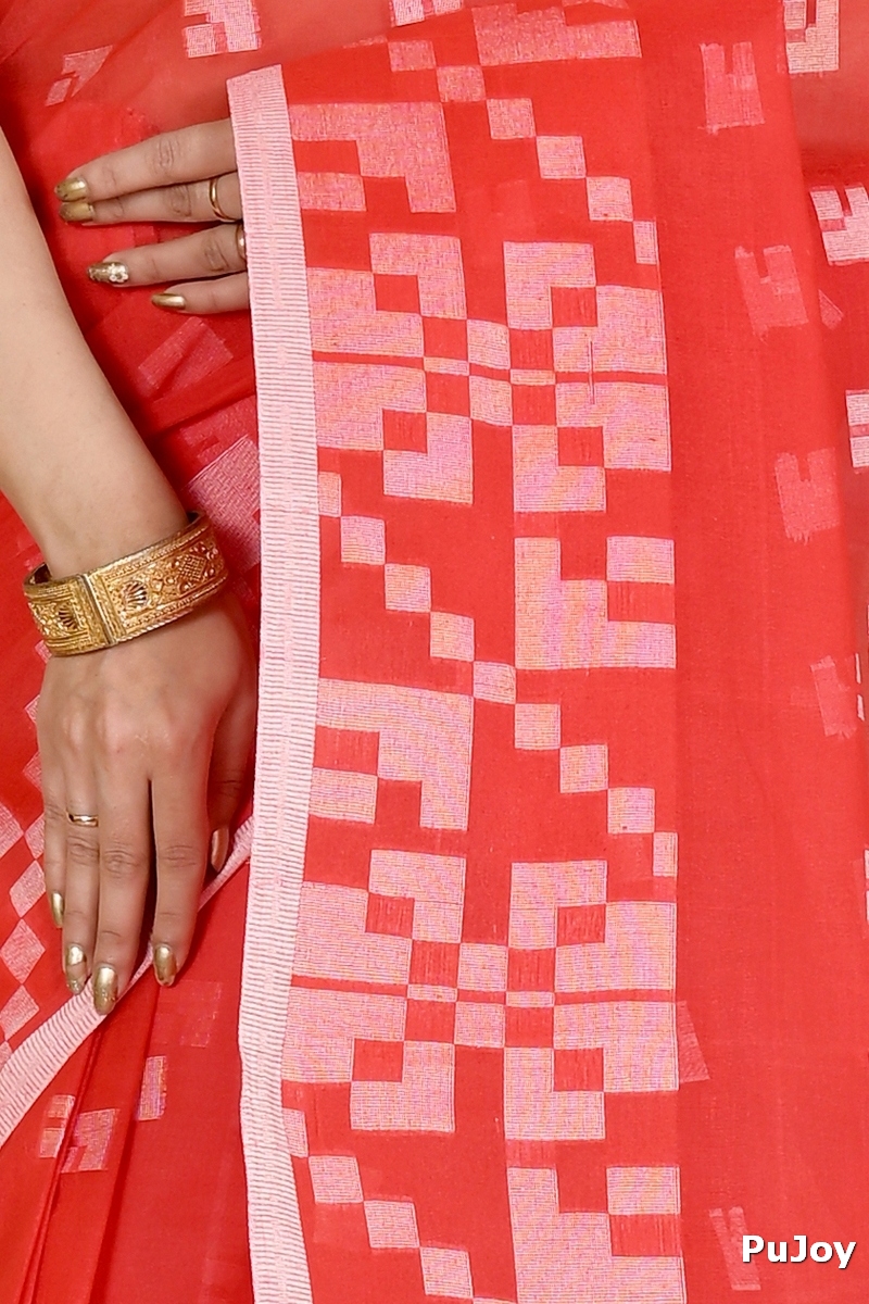 Red Pure Cotton Aptuk Tant Saree (1627)