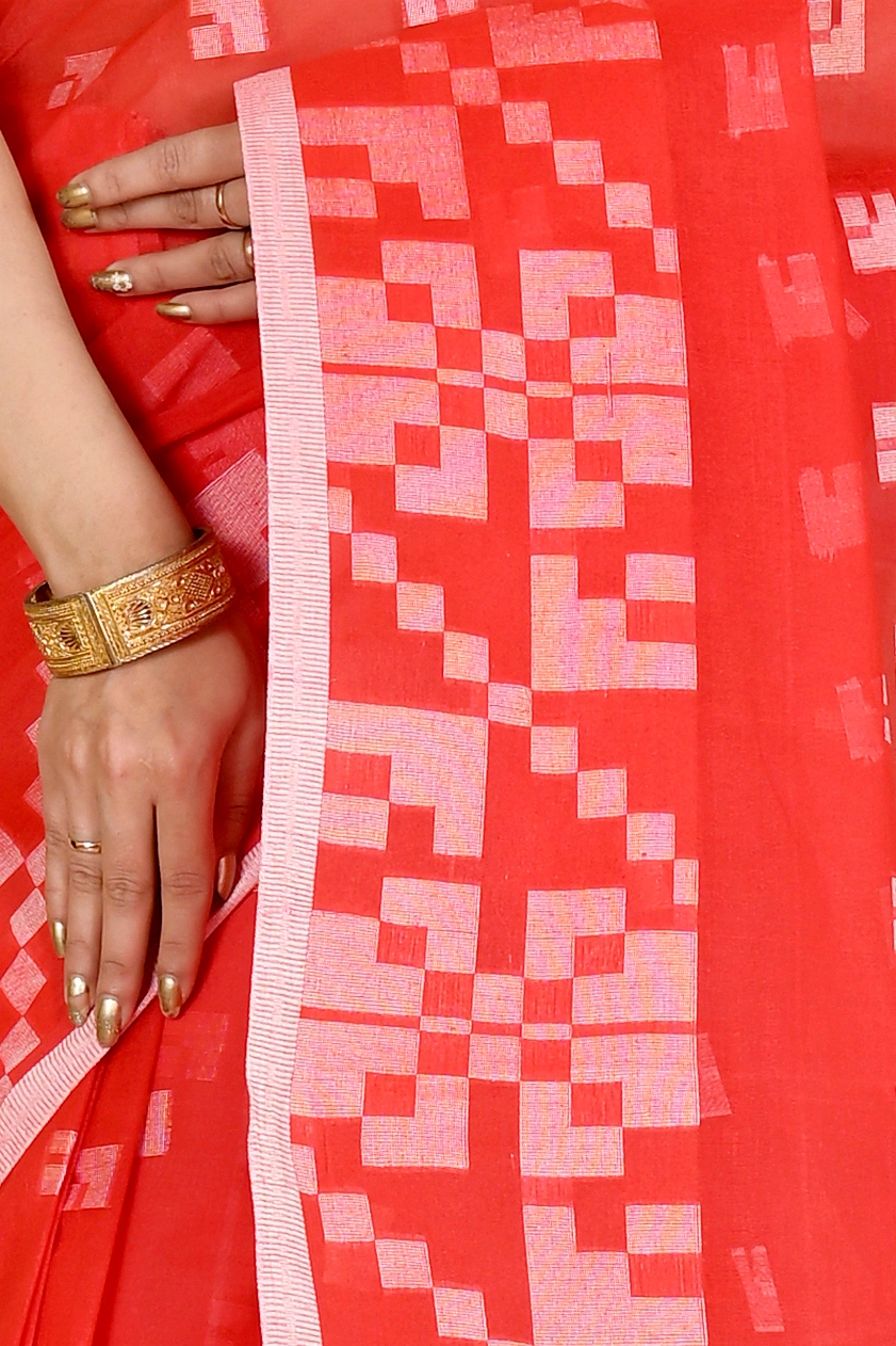 Red Pure Cotton Aptuk Tant Saree (1627)