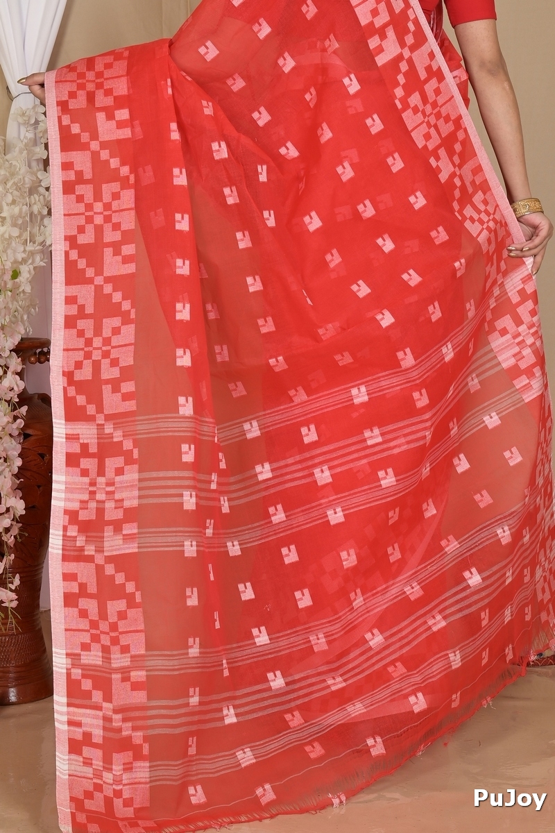 Red Pure Cotton Aptuk Tant Saree (1627)
