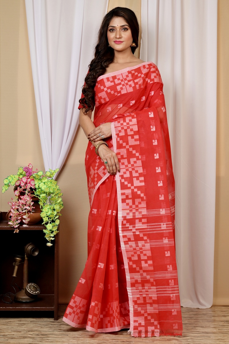 Red Pure Cotton Aptuk Tant Saree (1627)