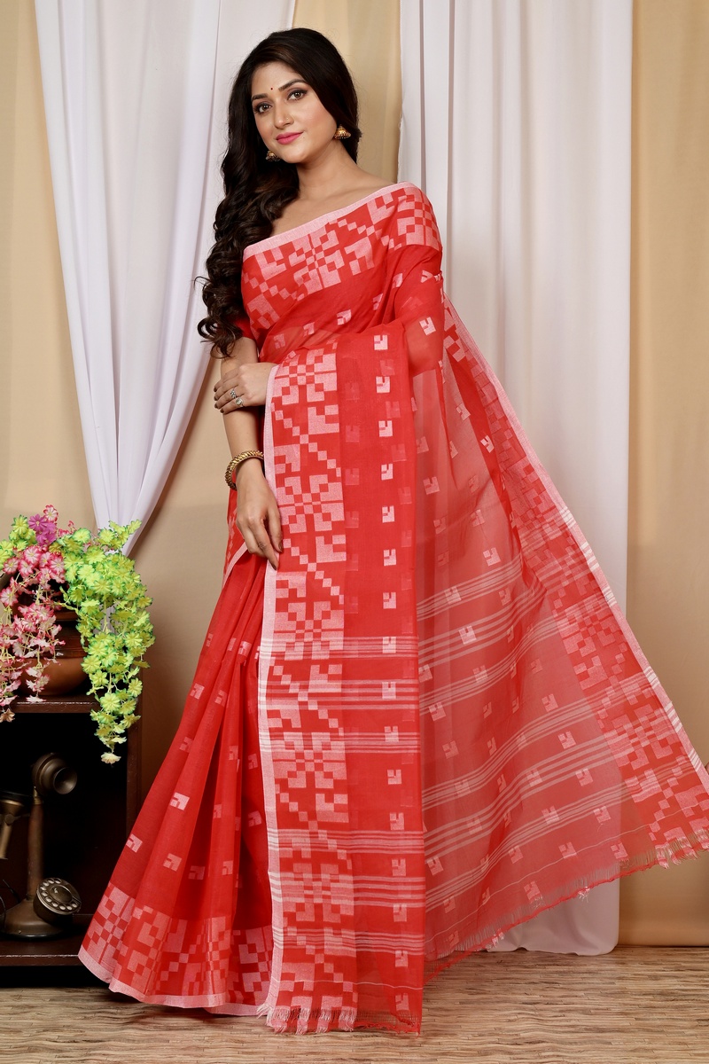 Red Pure Cotton Aptuk Tant Saree (1627)