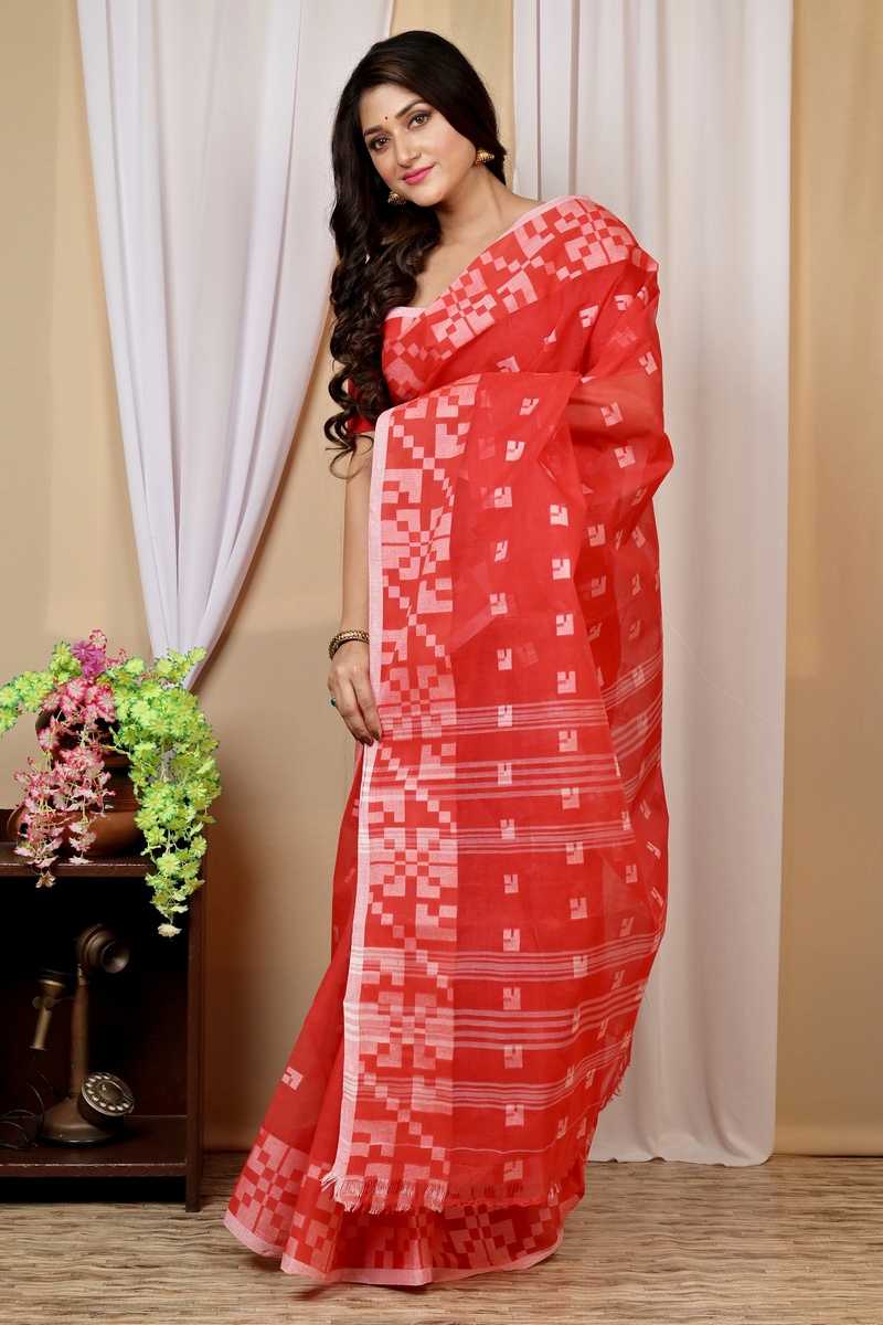 Red Pure Cotton Aptuk Tant Saree (1627)