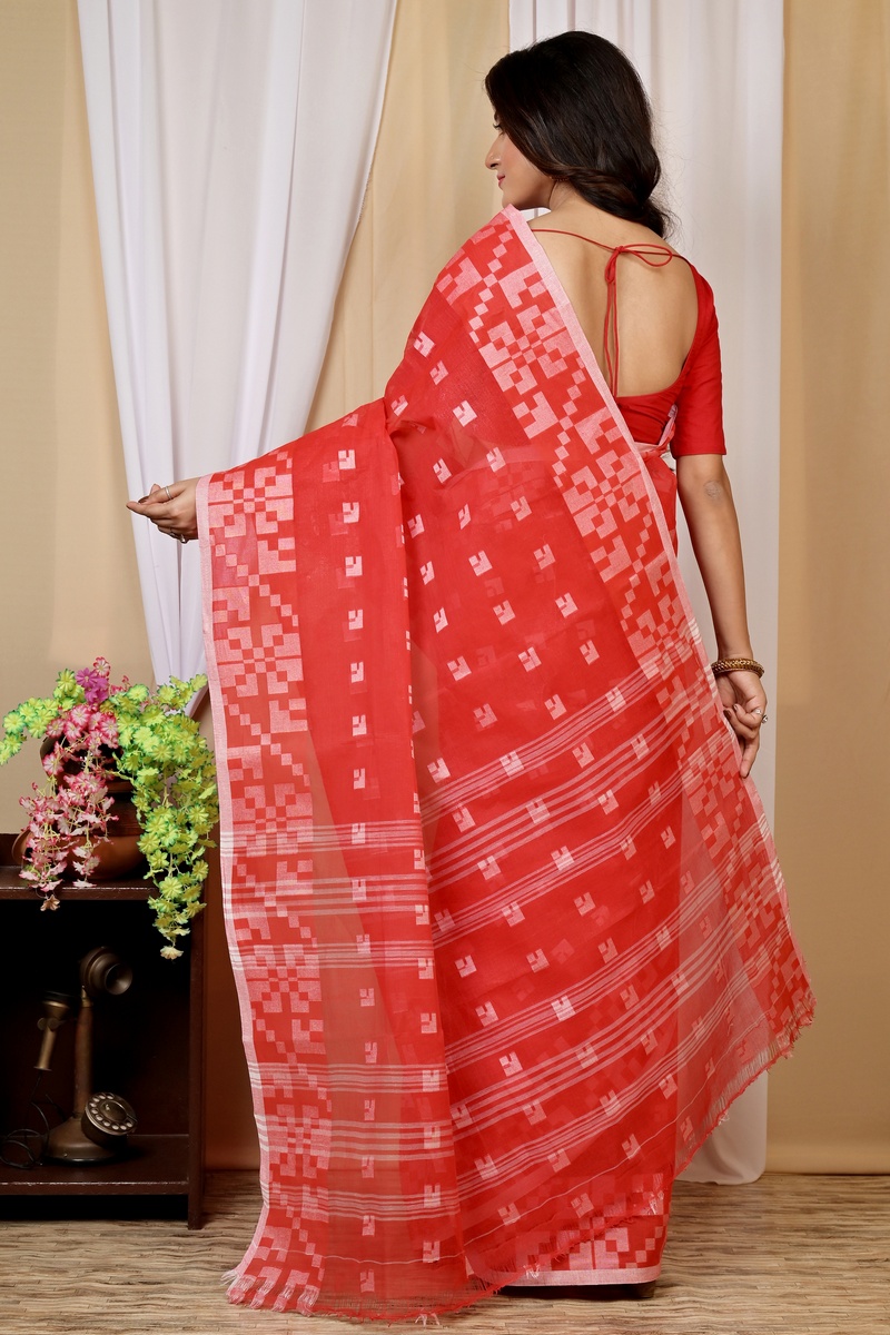 Red Pure Cotton Aptuk Tant Saree (1627)