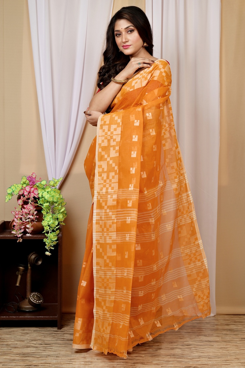 Dark Yellow Pure Cotton Aptuk Tant Saree (1628)