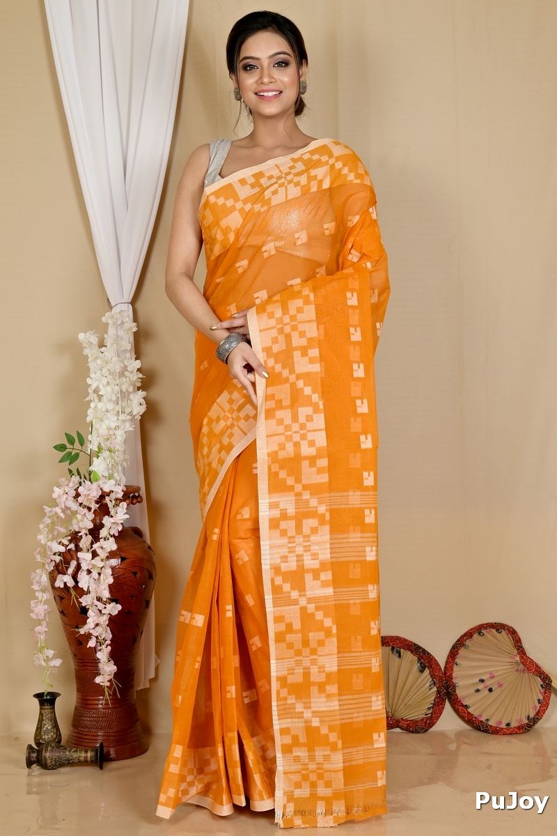 Dark Yellow Pure Cotton Aptuk Tant Saree (1628)