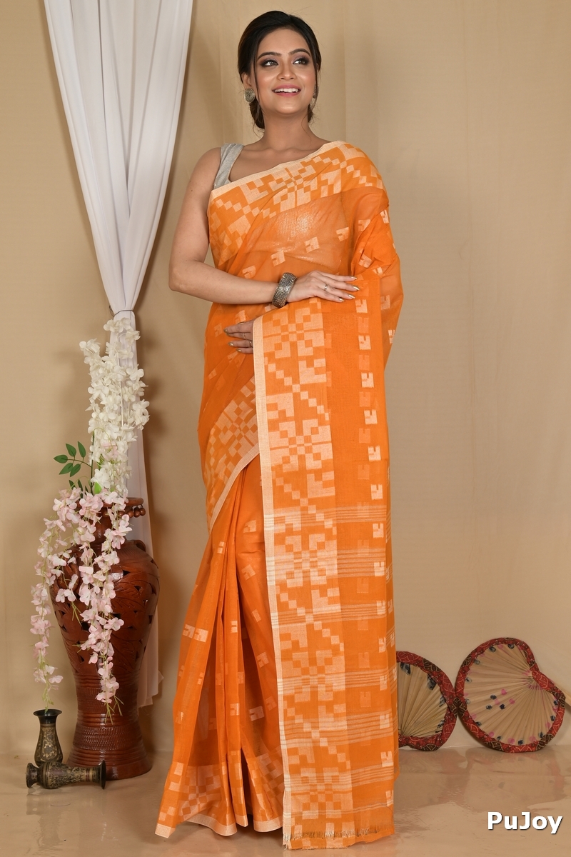 Dark Yellow Pure Cotton Aptuk Tant Saree (1628)