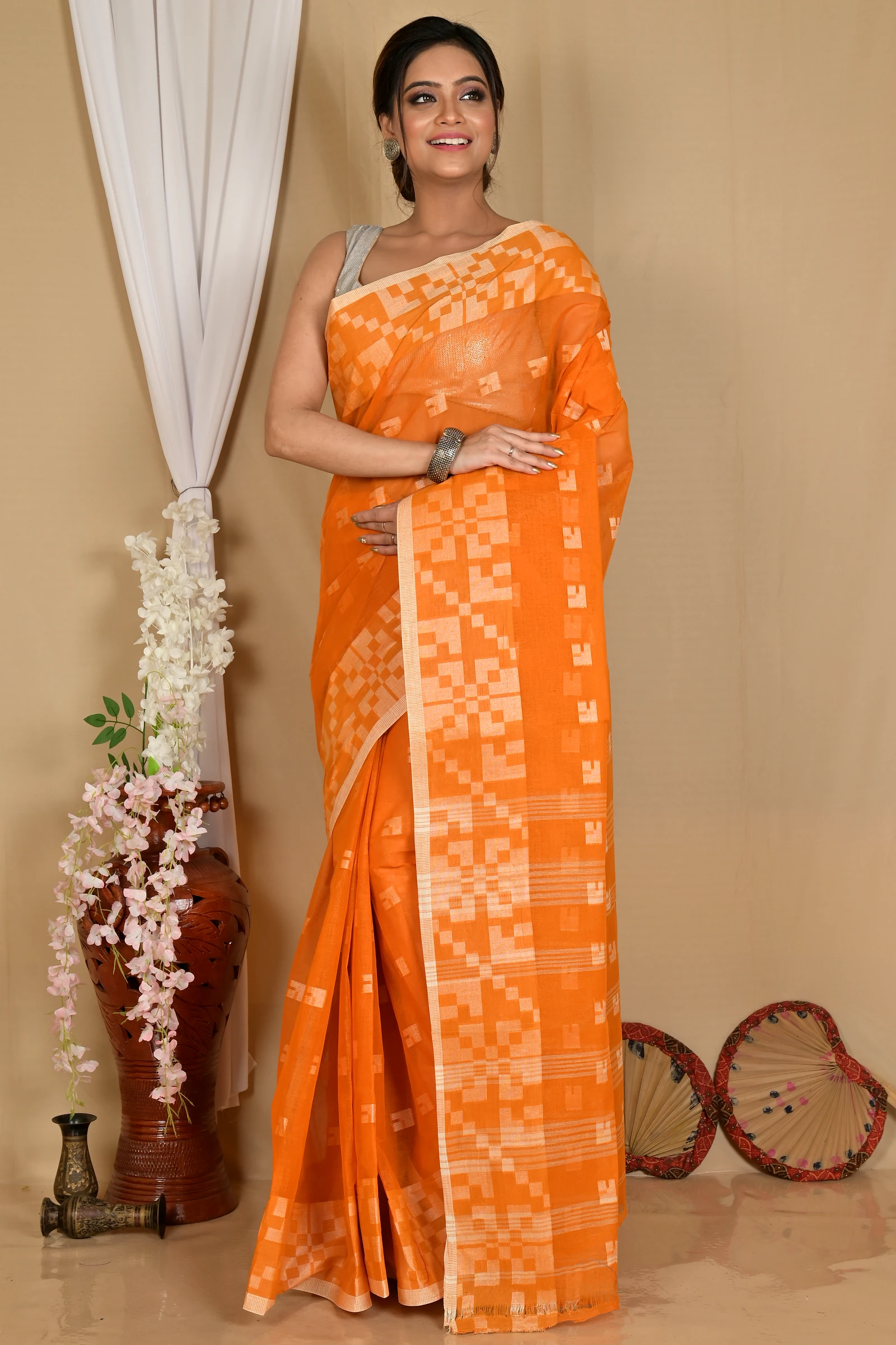 Dark Yellow Pure Cotton Aptuk Tant Saree (1628)