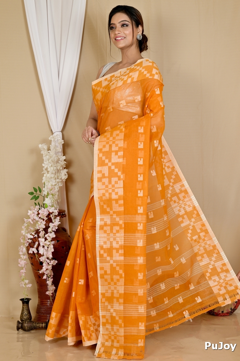 Dark Yellow Pure Cotton Aptuk Tant Saree (1628)