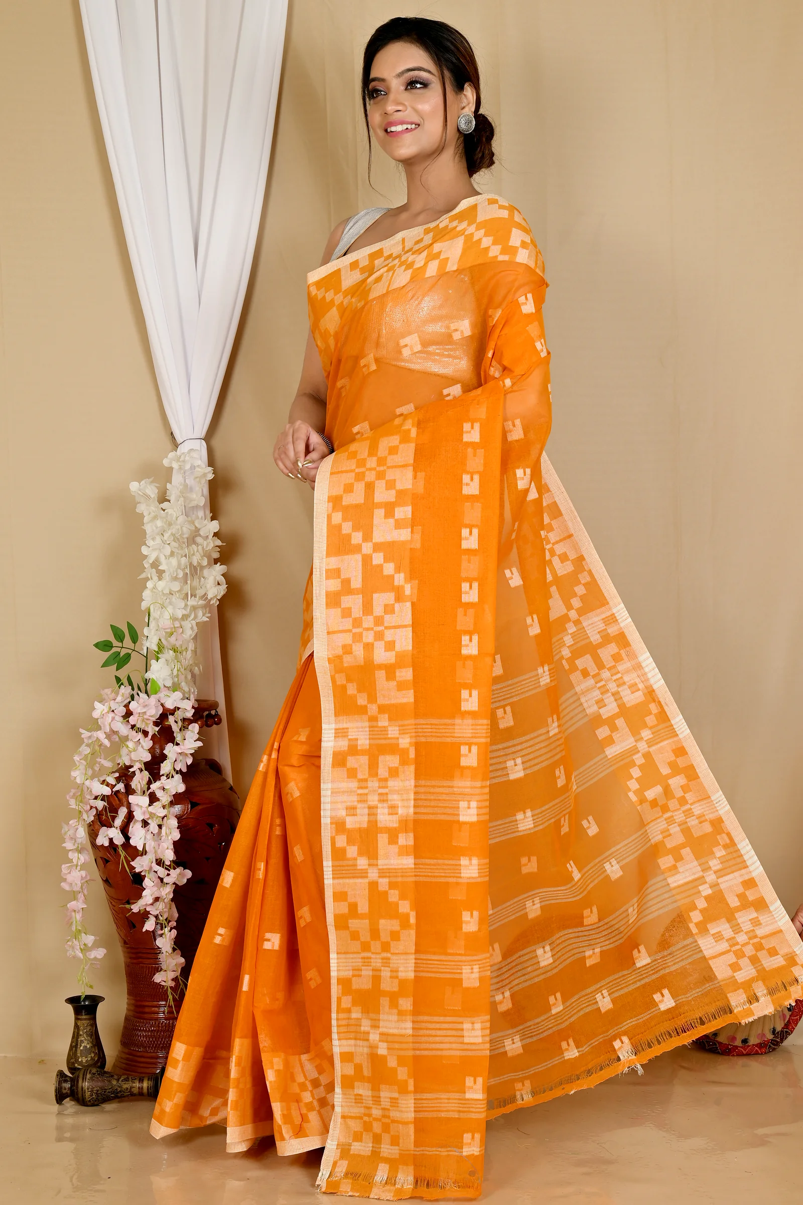 Dark Yellow Pure Cotton Aptuk Tant Saree (1628)