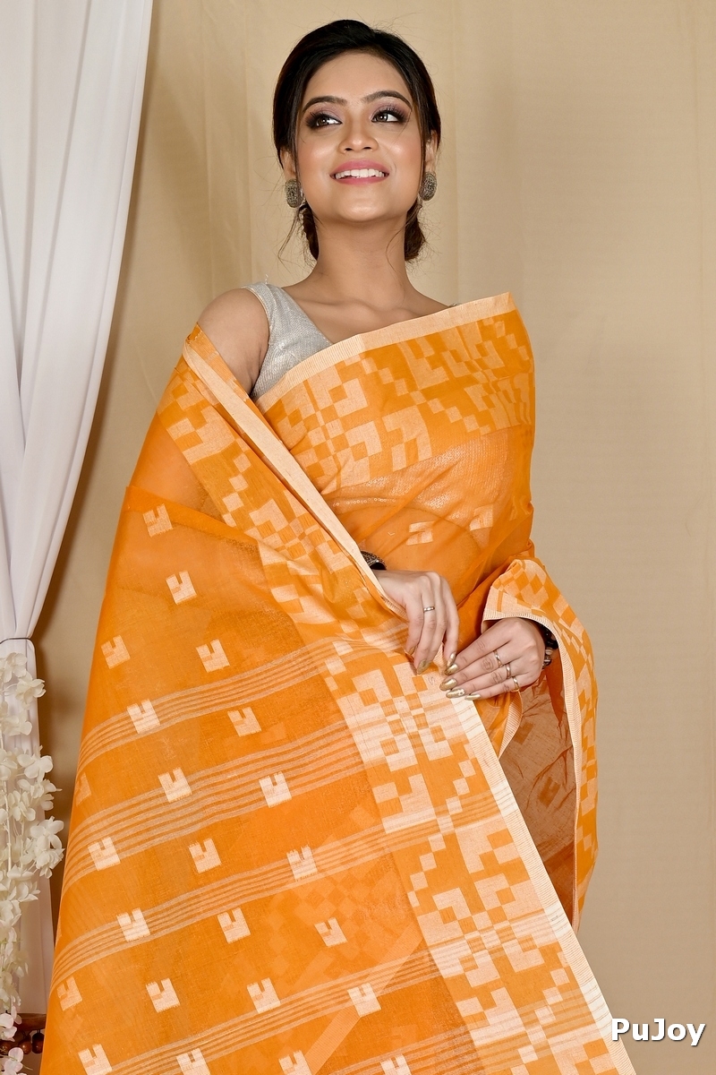 Dark Yellow Pure Cotton Aptuk Tant Saree (1628)