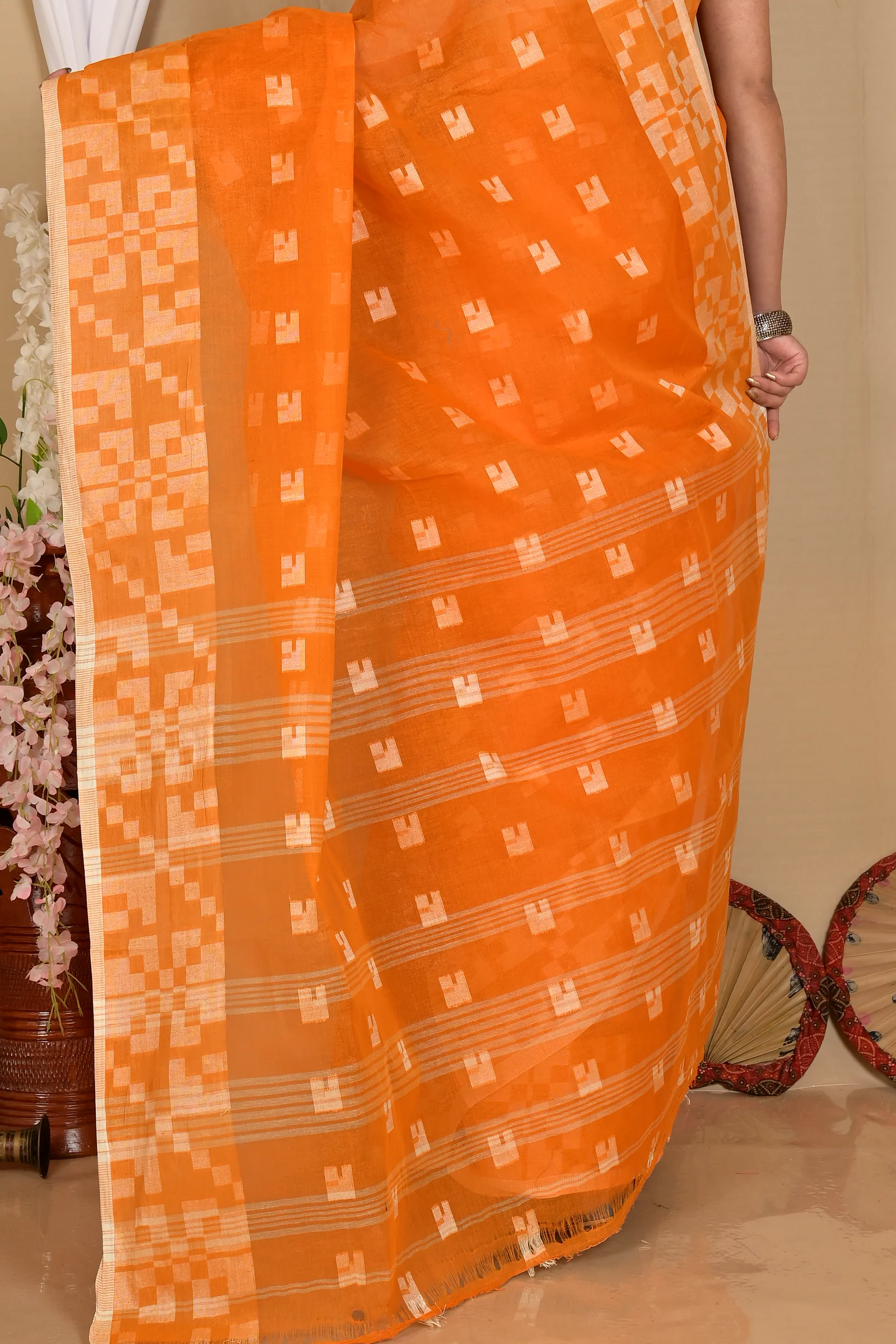 Dark Yellow Pure Cotton Aptuk Tant Saree (1628)