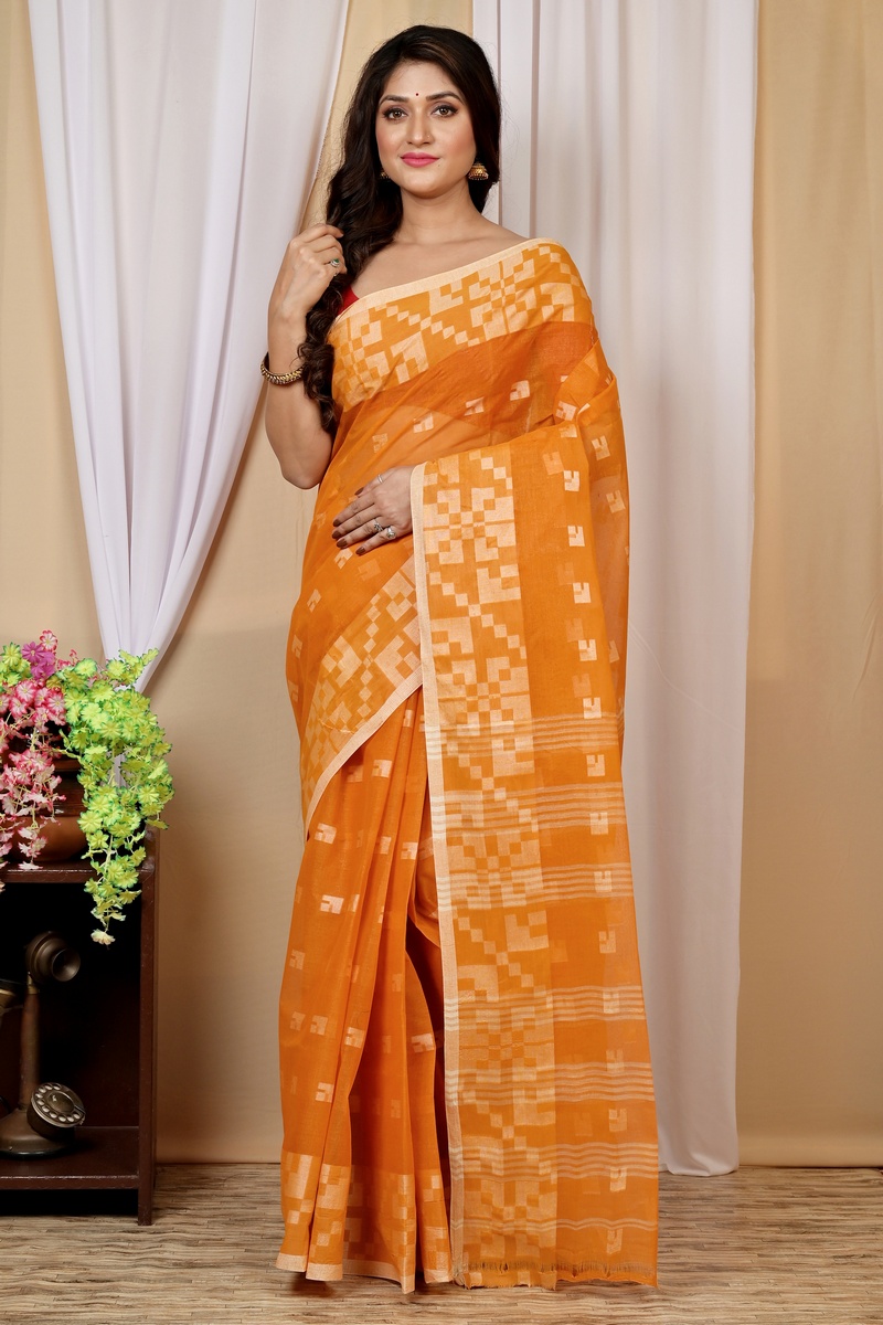 Dark Yellow Pure Cotton Aptuk Tant Saree (1628)
