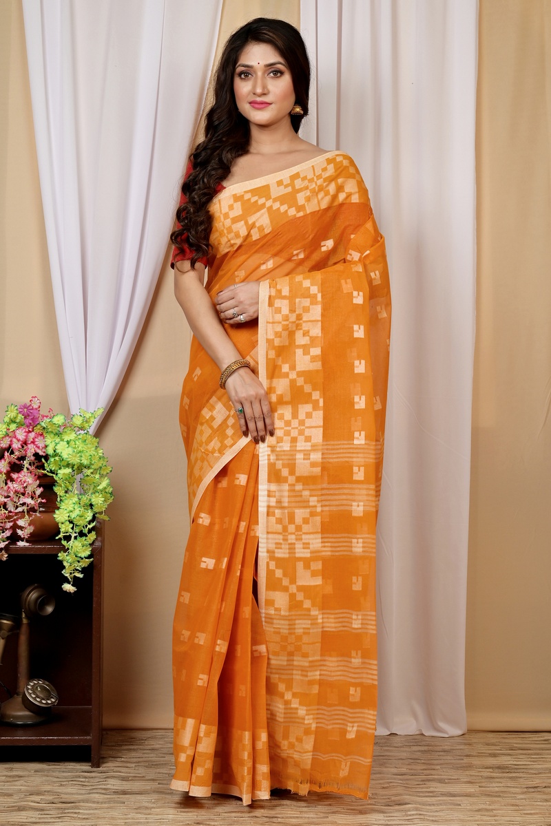 Dark Yellow Pure Cotton Aptuk Tant Saree (1628)