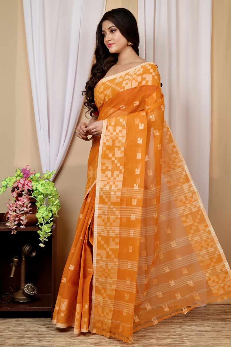 Dark Yellow Pure Cotton Aptuk Tant Saree (1628)