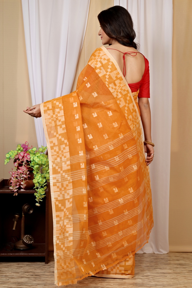 Dark Yellow Pure Cotton Aptuk Tant Saree (1628)