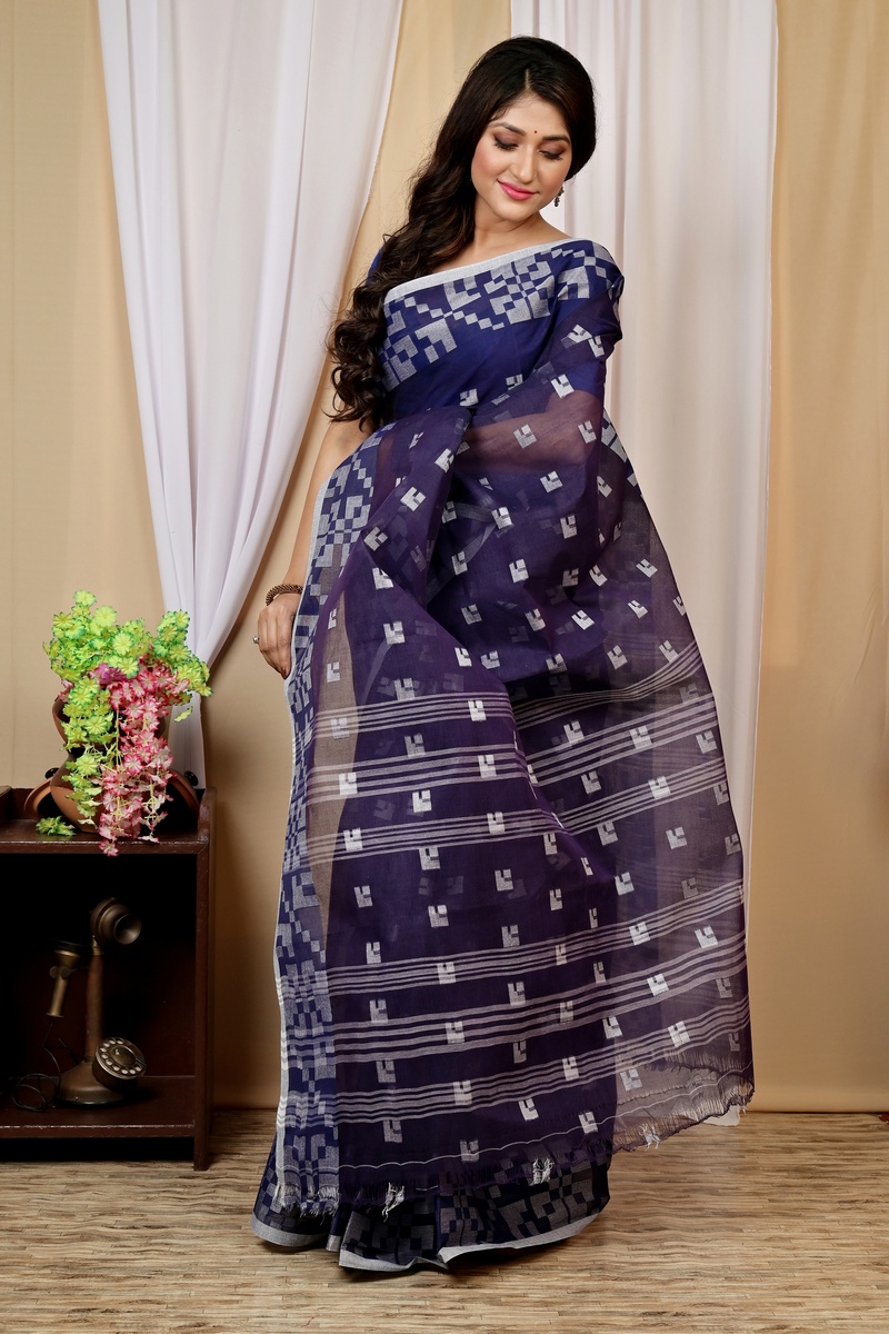 Dark Blue Pure Cotton Aptuk Tant Saree (1629)