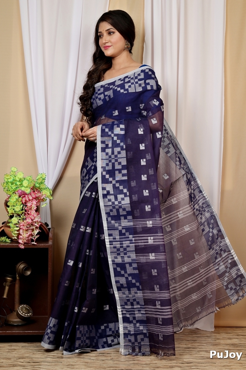 Dark Blue Pure Cotton Aptuk Tant Saree (1629)