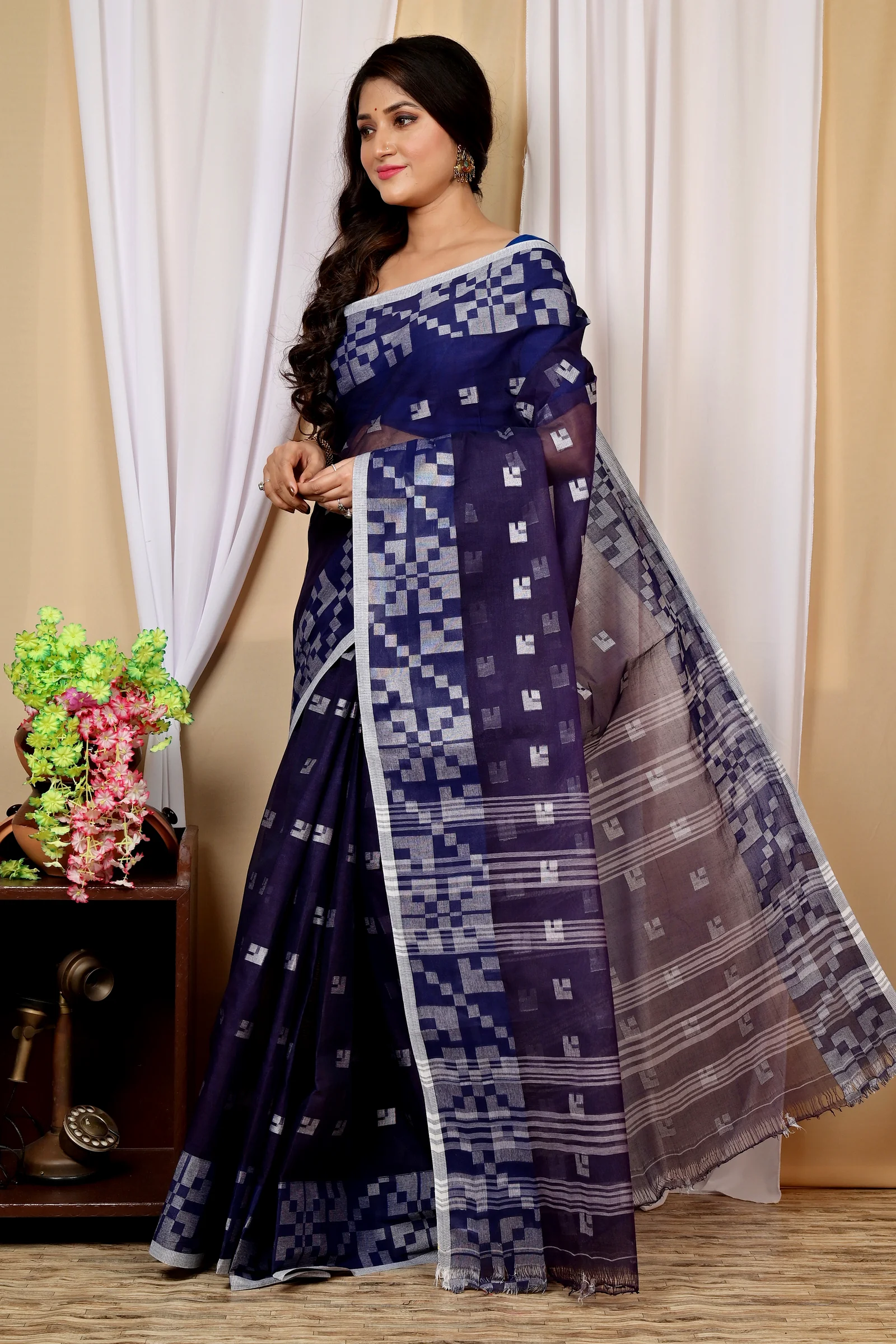 Dark Blue Pure Cotton Aptuk Tant Saree (1629)