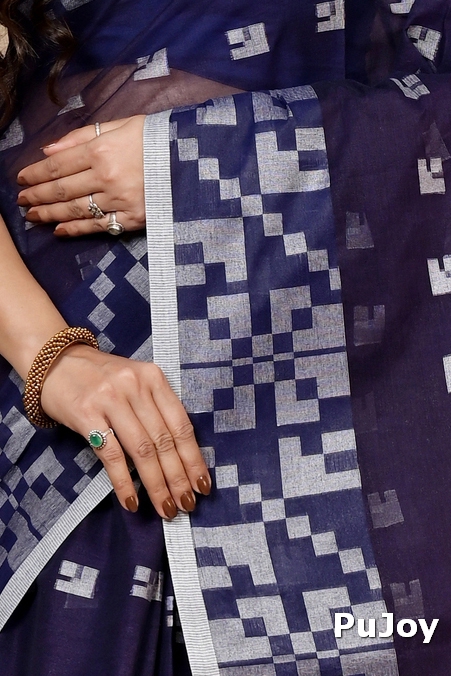Dark Blue Pure Cotton Aptuk Tant Saree (1629)