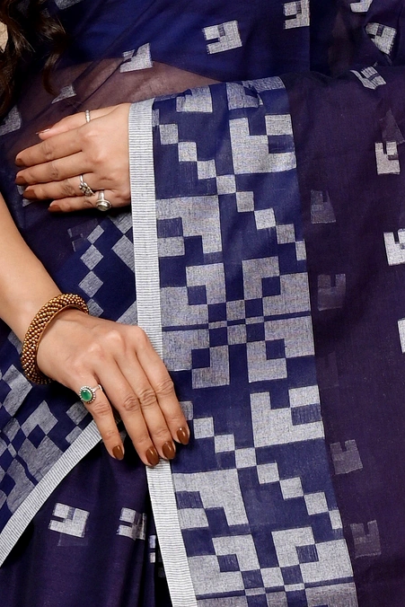 Dark Blue Pure Cotton Aptuk Tant Saree (1629)