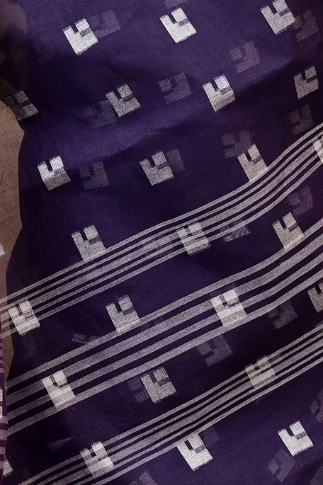 Dark Blue Pure Cotton Aptuk Tant Saree (1629)
