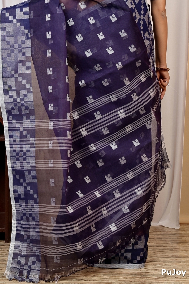 Dark Blue Pure Cotton Aptuk Tant Saree (1629)