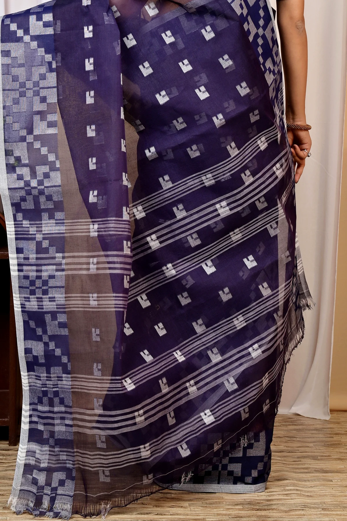 Dark Blue Pure Cotton Aptuk Tant Saree (1629)