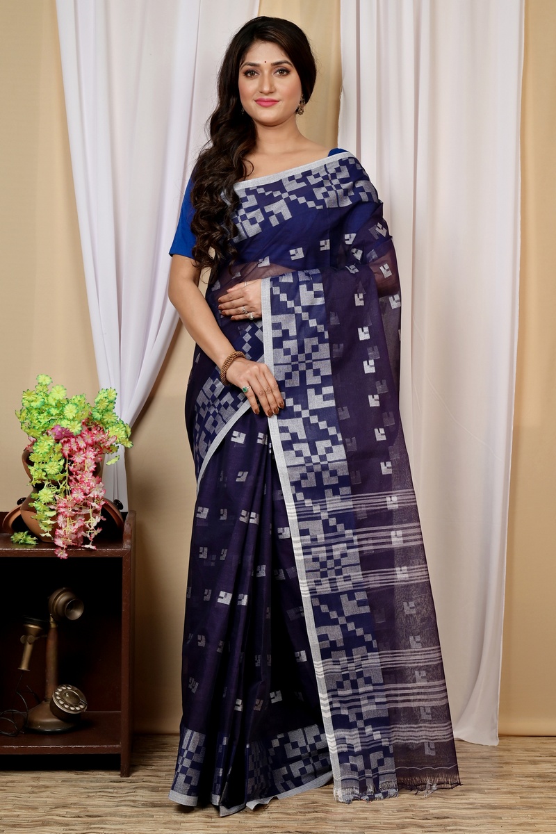 Dark Blue Pure Cotton Aptuk Tant Saree (1629)