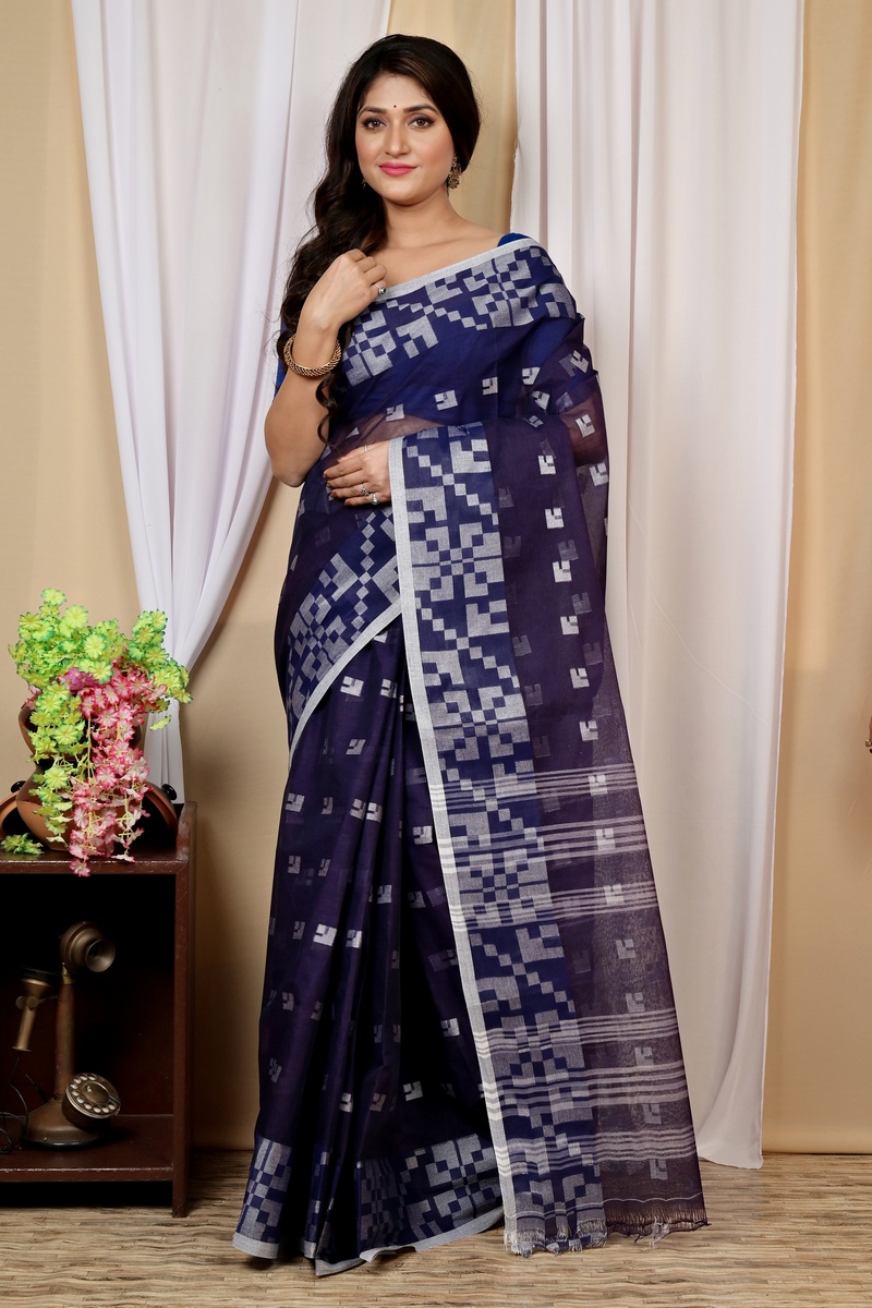 Dark Blue Pure Cotton Aptuk Tant Saree (1629)