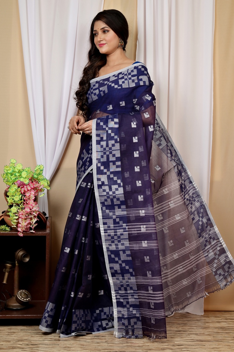 Dark Blue Pure Cotton Aptuk Tant Saree (1629)