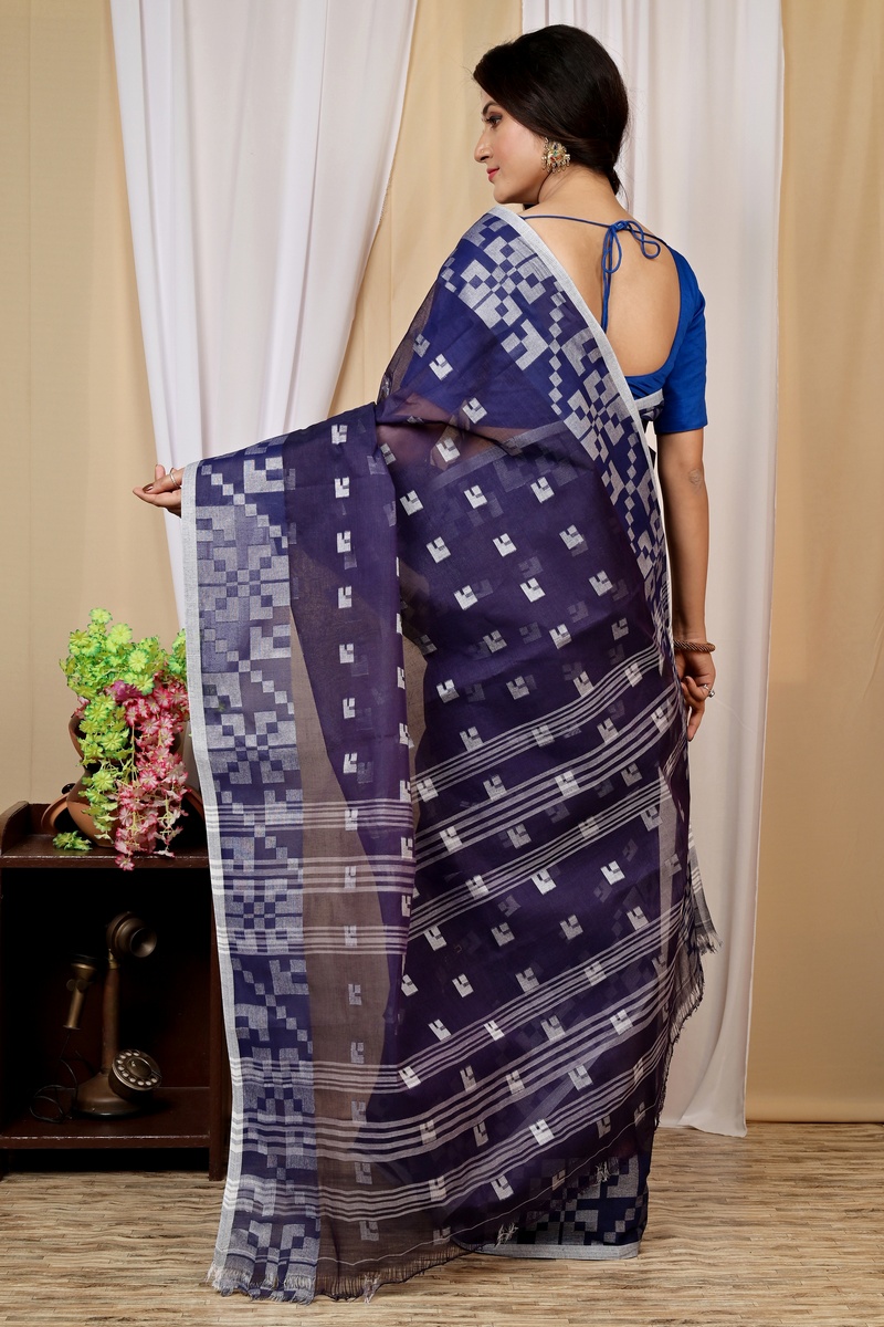 Dark Blue Pure Cotton Aptuk Tant Saree (1629)
