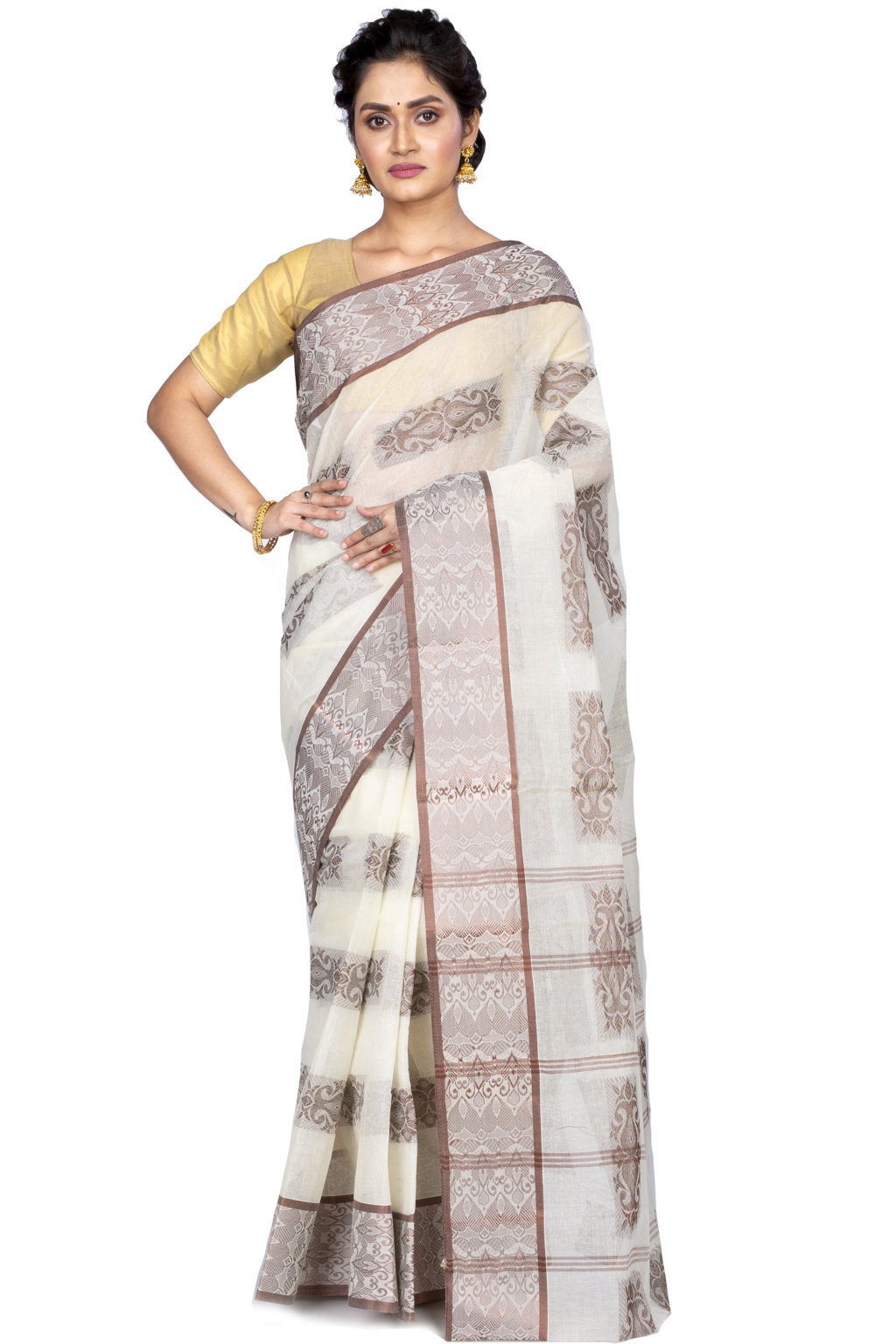 Off-White Pure Cotton Strip Suparna Tant Saree (163)