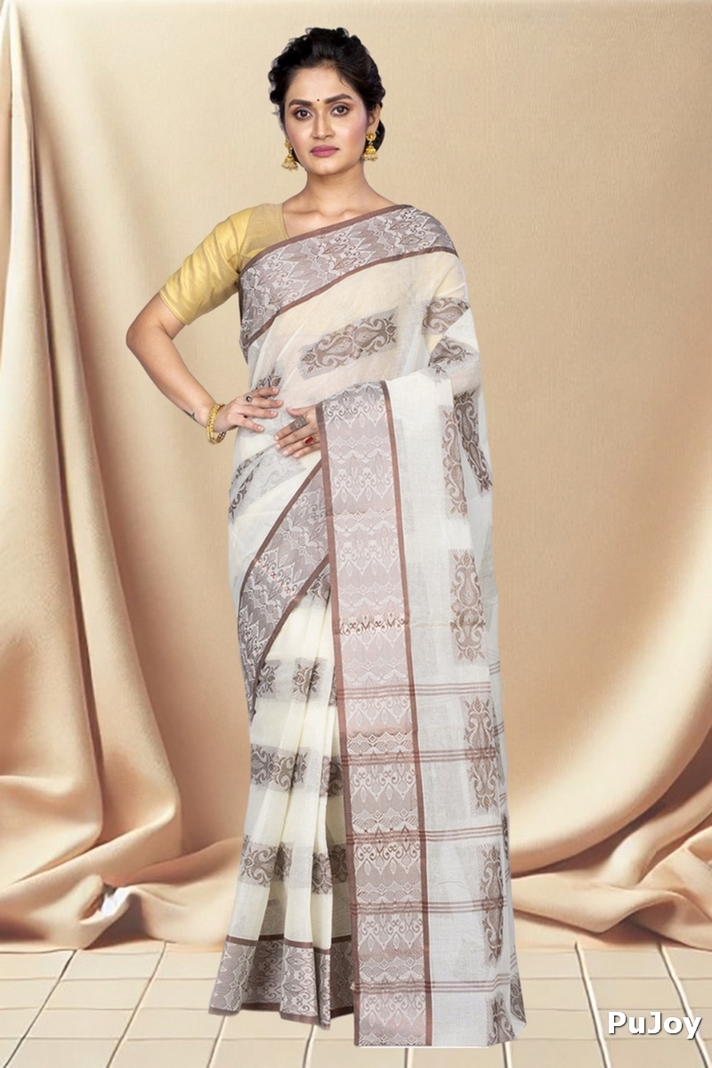 Off-White Pure Cotton Strip Suparna Tant Saree (163)