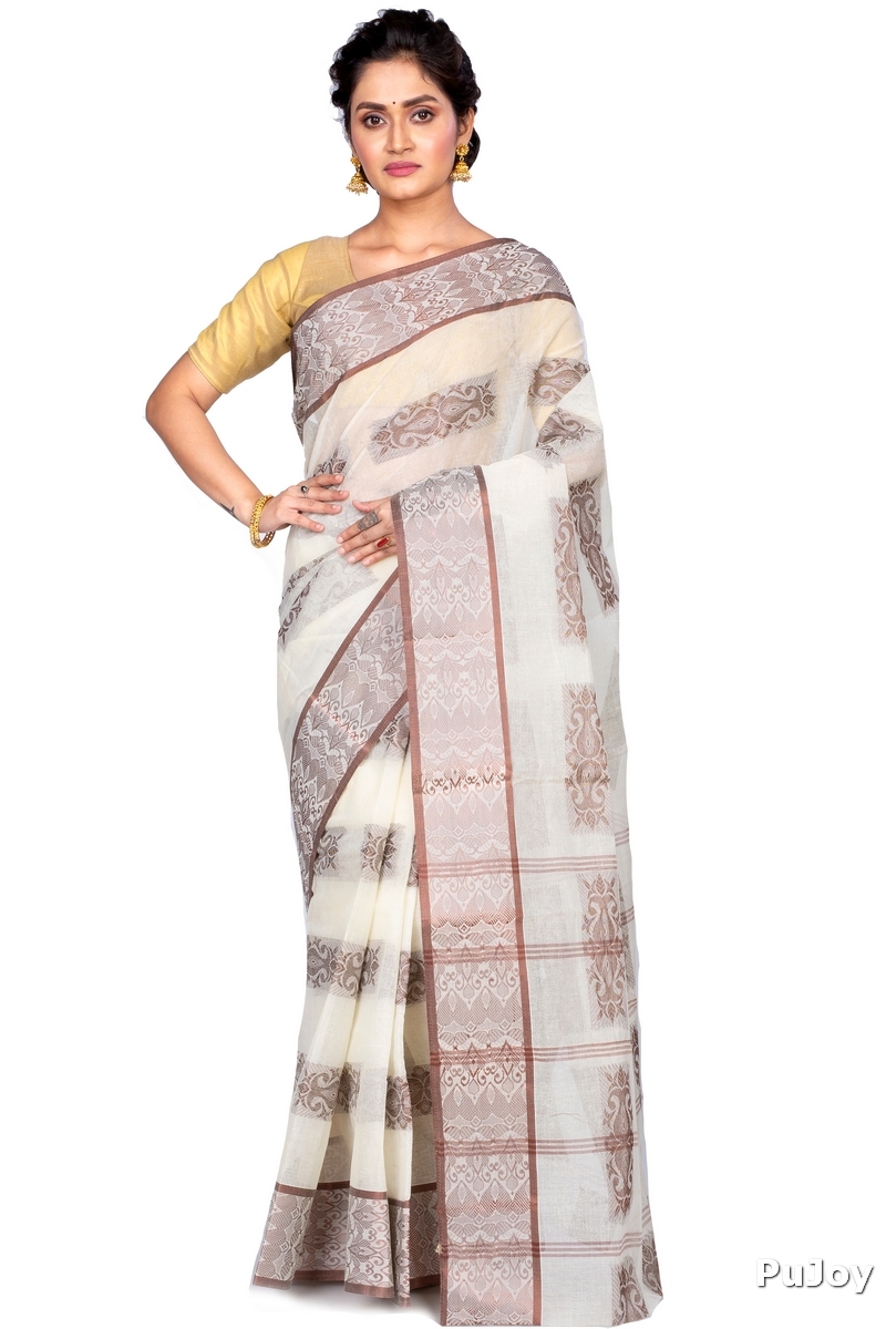 Off-White Pure Cotton Strip Suparna Tant Saree (163)